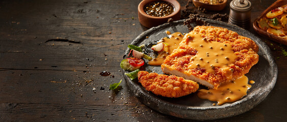 Appetizing dish with breaded meat and sauce