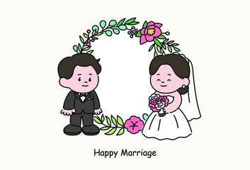 Bride and groom couple characters in wedding dresses. hand drawn style vector design illustrations. 