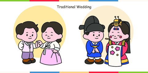 A set of cute characters wearing traditional Korean wedding costumes. hand drawn style vector design illustrations. 