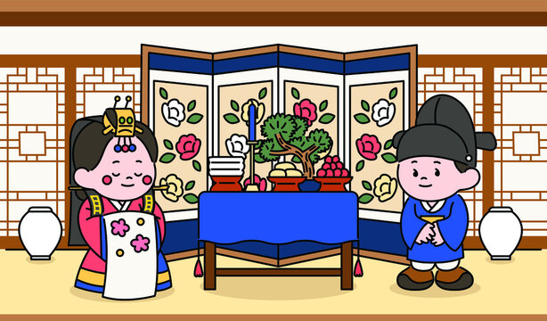 Bride and groom characters celebrating a traditional Korean wedding ceremony. hand drawn style vector design illustrations. 