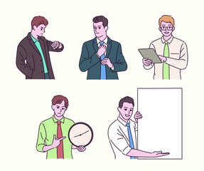 Fototapeta premium Various gestures of a businessman in a shirt. Business people of various gestures. hand drawn style vector design illustrations. 