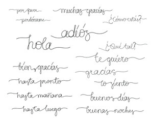 Set of continuous line drawing text - most common phrases on Spanish. Minimalist vector lettering isolated on white background. © walrus_d
