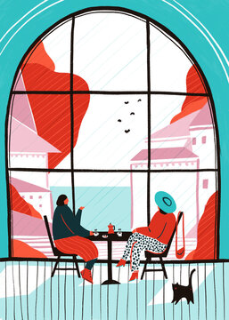 Women at cafe hand drawing illustration. Young girls are drinking coffee. Drawing cafe interior. Large window and landscape. Stylish illustration poster. Cartoon people.