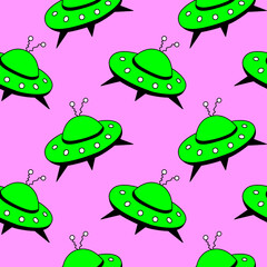 Obraz premium Seamless pattern with Flying Saucers, UFO. Vector background and texture for fabric, wrapping, wallpaper, textile, apparel, cover