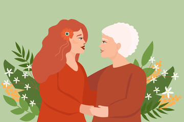 Portrait of two women embracing in profile, young and old, mother and daughter. The concept of motherhood, family, love, female, friendship and care. Vector graphics.