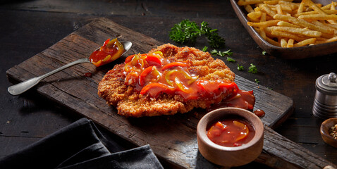 Fried meat schnitzel with gypsy sauce