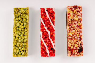 Different types of multi-grains bars. Granola bar with copy space