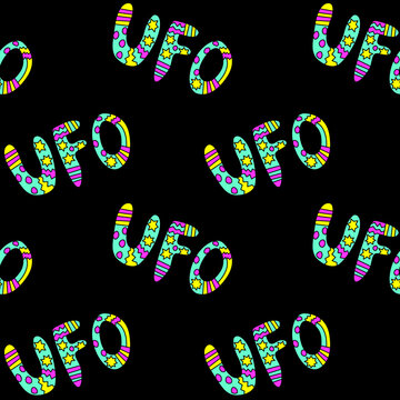 Vector color seamless pattern with the word UFO. Background and texture on the theme of space, UFOlogy, flying saucers, conspiracy