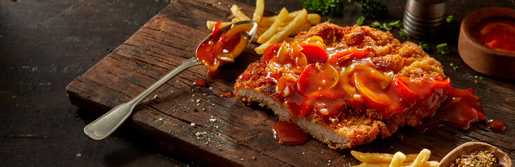 Traditional German meat schnitzel with pepper sauce