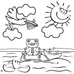 Life on a pond, fish, frog and bird, funny vector illustration, coloring book