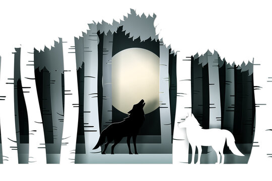 Vector and digital craft style of eco forest with Wolfs.