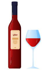 Alcohol drink bottle, cognac transparent glass with beverage, golden color, cartoon style vector illustration, isolated on white.