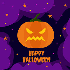 Happy Halloween. Pumpkin with an ominous smile on a dark multi-layered background, layers of purple fog, stars. Design of greeting cards, banners, flyers
