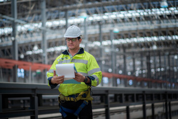 worker at work. Engineer standing in depot  and railway inspection. construction worker on railways. Engineer work on railway. rail, engineer, Infrastructure