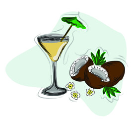 Hand-drawn  Exotic Cocktail  with coconut.  Vector tropical food illustration. 