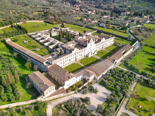 Fototapeta na wymiar Ancient Medieval Charterhouse of Calci, Pisa- Tuscany. Aerial view from drone