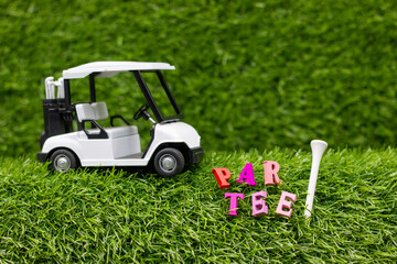 Golf party invitation with tee for par tee on green grass background