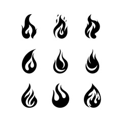 Black fire silhouettes. Simple outline fire flames, ignite and fiery explosion signs. Campfire isolated on white background icons. Fire flat flame icon.Vector illustration.