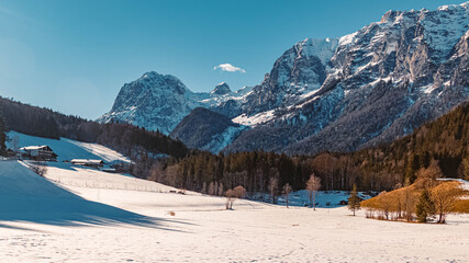 Beautiful winter landscape at the famous Hintersee, Ramsau, Berchtesgaden, Bavaria, Germany