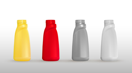 Set of colored bottles of detergents for washing. Blank plastic bottle yellow, red, silver and white for laundry detergent. Realistic vector bottle for your design. Isolated on white background.