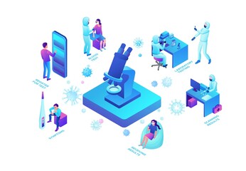 Isometric laboratory with scientist in protective suit doing test of Coronavirus, Covid-19 research, lab equipment, medical exam, diagnostic clinic, doctor in face mask, isometric vector illustration