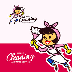 House Cleaning and Maid Service Woman Mascot Logo - obrazy, fototapety, plakaty