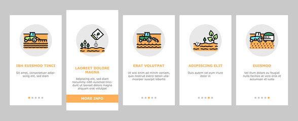 Fototapeta na wymiar Sowing Agricultural Onboarding Mobile App Page Screen Vector. Sowing Seeds And Field Processing, Plant Care And Harvesting, Tractor And Harvester Illustrations