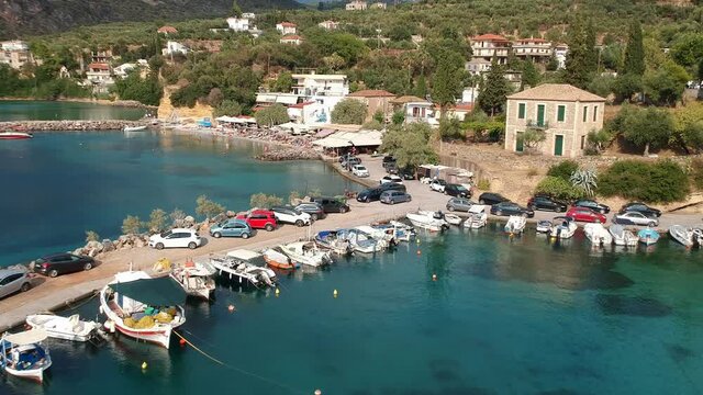 Aerial panoramic view of the beautiful coastal village Kitries near Kalamata city, Messenia