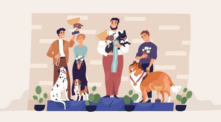 Winners of dog contest standing on pedestal with their owners, holding golden cups and medals. Champions with awards on podium. Leaders of pet competition. Colored flat graphic vector illustration