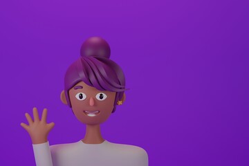 3d cute girl say Hi with hand up. Trendy bold colors and cute cartoon character render illustration