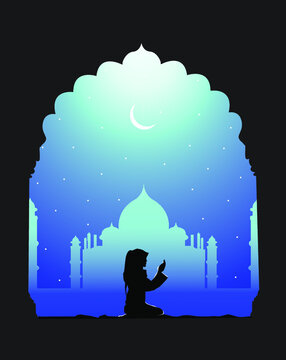 Muslim Woman praying, with folded hands in front of Indian monument Taj mahal 