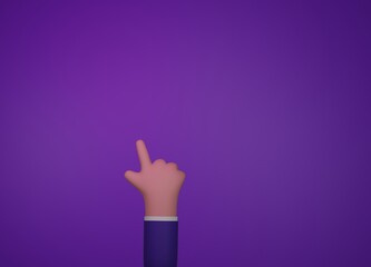 3d render, funny cartoon character  hand in blue sleevewith pointing finger shows direction. art isolated on violet background hand , blank mockup. 
