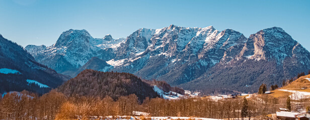 Beautiful winter landscape near Ramsau, Berchtesgaden, Bavaria, Germany with the famous Reiteralpe summit in the background