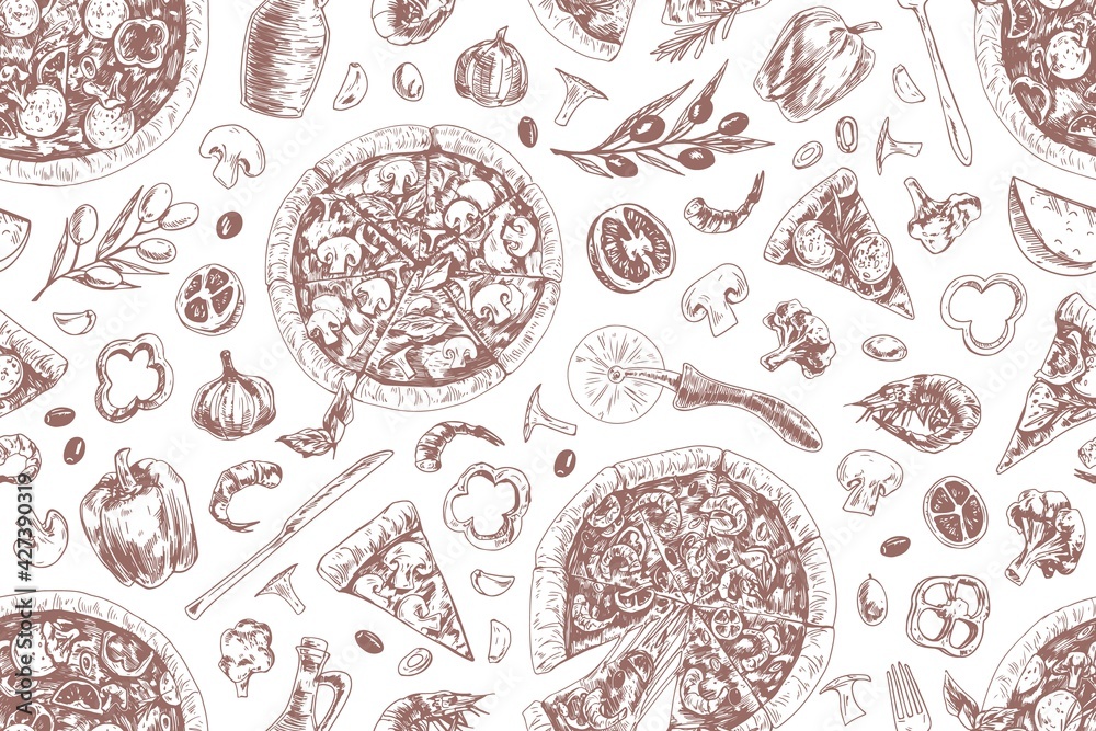 Poster seamless black and white pattern with italian pizzas, ingredients and tools. endless texture for wra