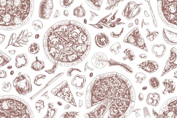 Seamless black and white pattern with Italian pizzas, ingredients and tools. Endless texture for wrapping and packages in pizzeria. Repeatable background with food. Hand-drawn vector illustration