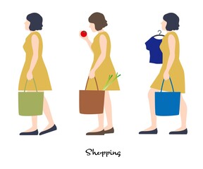 ショッピング 買い物 女性 エコバック トートバック フラット イラストカット 