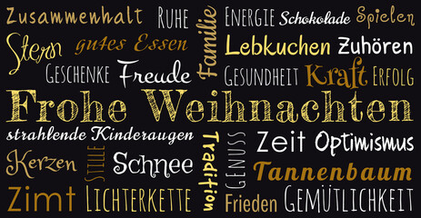 Schwarze Kreidetafel mit deutschen Weihnachtsgrüßen Frohe Weihnachten in gold und mit positiven Worten als Wortwolke, Textwolke