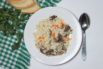 Pilaf on a light background. A plate of pilaf with meat. home cooking