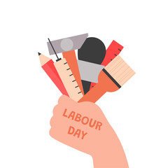 World labour day 1st may. International labor day hand with work tools. Worker day different professions. Vector design illustration