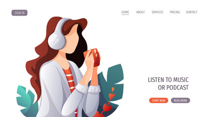 Woman with headphones and cup listening to music, audio book or podcast. E-learning, online courses, relaxing concept. Vector illustration for website, poster, banner.