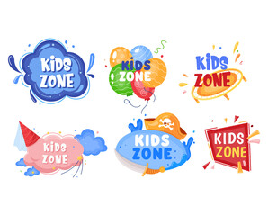 Kids zone banner, education game area, recreation label, kid leisure, playground, design, cartoon style vector illustration.