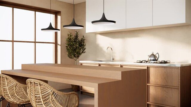 Modern Scandinavian and Japandi style of kitchen and dinning room interior design and decoration 4K 3d rendering
