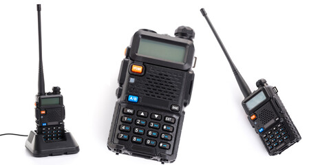 set collage of several black walkie-talkie radio communication device isolated on white background