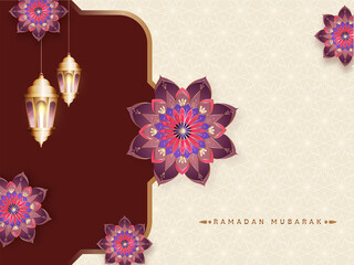 Ramadan Mubarak Concept With Golden Lit Lanterns Hang And Floral Or Arabic Pattern Decorated Background.