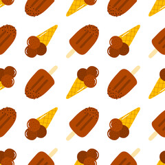 Cute cartoon style chocolate ice cream cones and popsicles vector seamless pattern background.