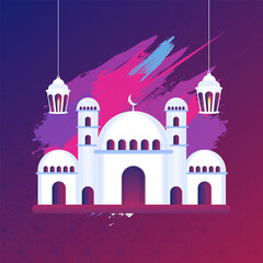 Glossy Mosque Illustration With Hanging Lit Lanterns, Brush Stroke Effect On Blue And Red Islamic Pattern Background.