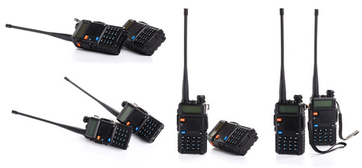 set collage of several black walkie-talkie radio communication device isolated on white background
