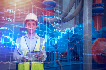 engineer real estate industry, investing stock market real estate. Stock financial index data of construction industry and property development business growth on construction site background image.