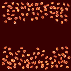 Scattered roasted coffee beans on the top and bottom edges. Watercolor hand drawn illustration of a menu or packaging template