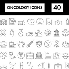 Black Line Art Illustration Of Oncology Icon Set On White Background.